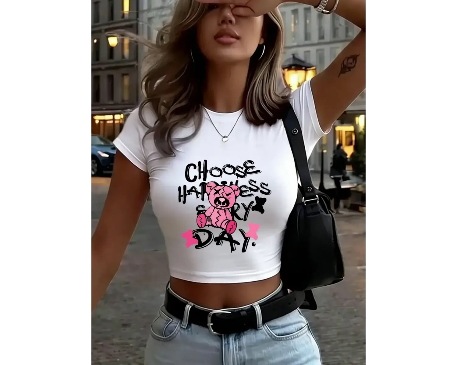 Broken Bear Baskılı Kadın Babby Tees Yaz Yüksek Elastik Yumuşak Tişörtler İnce Kısa Kollu Tişö