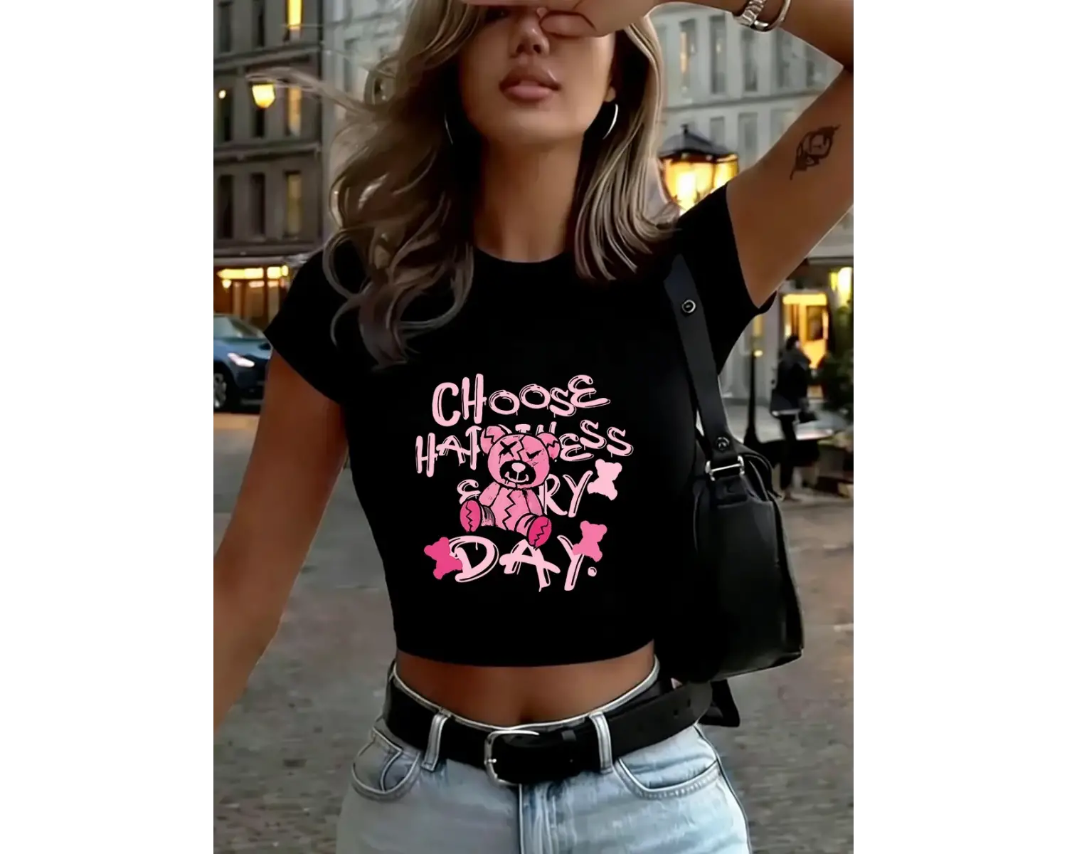 Broken Bear Baskılı Kadın Babby Tees Yaz Yüksek Elastik Yumuşak Tişörtler İnce Kısa Kollu Tişö