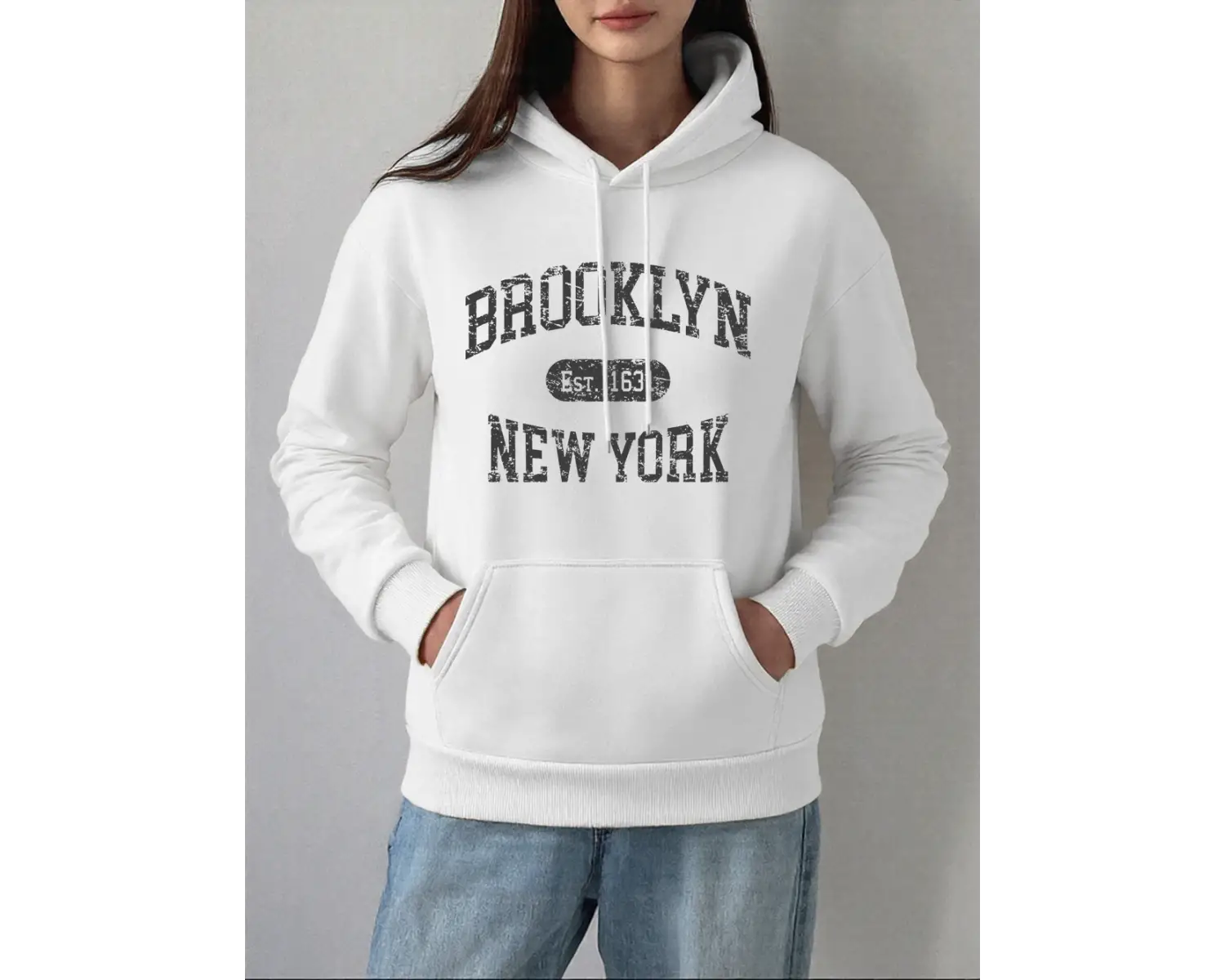 Brooklyn Est 1631 New York Baskı Kapüşonlular Bayan Kış Polar Kazak Moda Cep Kazak Rahat Raha