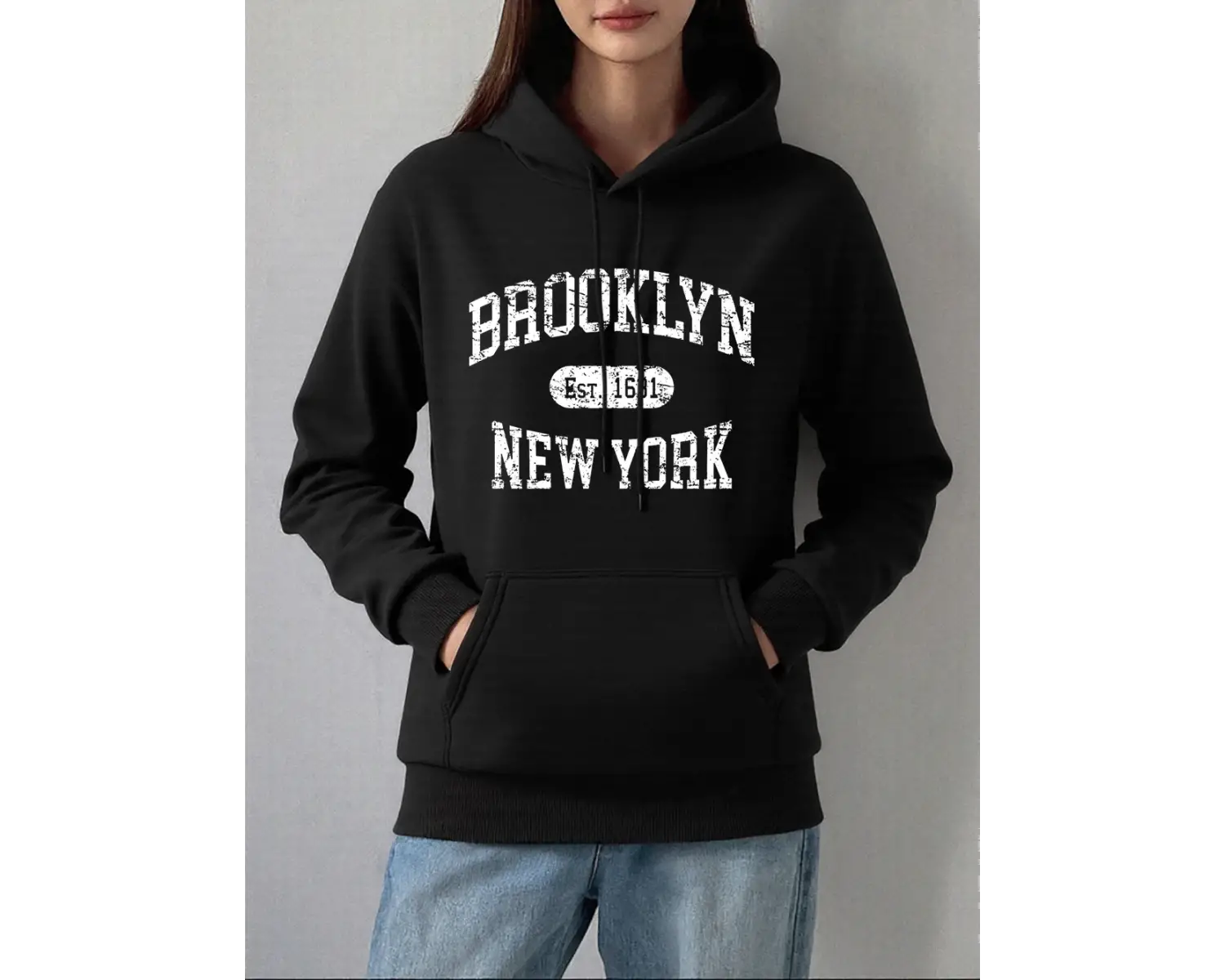 Brooklyn Est 1631 New York Baskı Kapüşonlular Bayan Kış Polar Kazak Moda Cep Kazak Rahat Raha