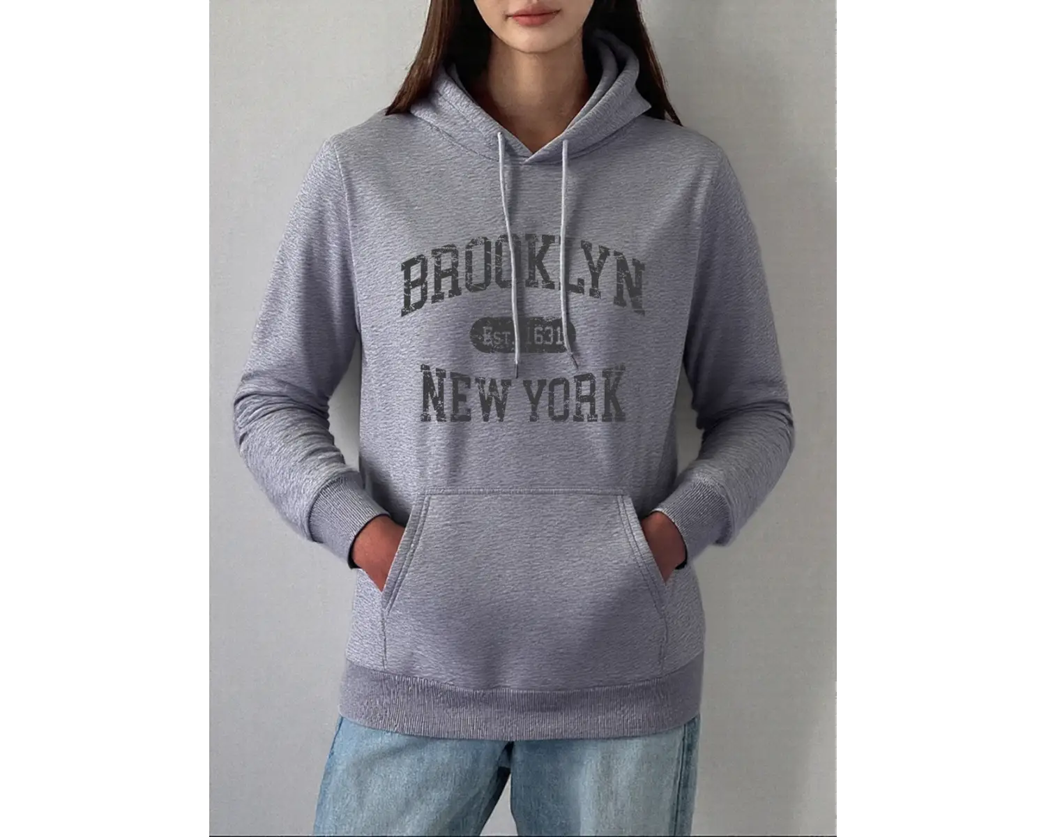 Brooklyn Est 1631 New York Baskı Kapüşonlular Bayan Kış Polar Kazak Moda Cep Kazak Rahat Raha