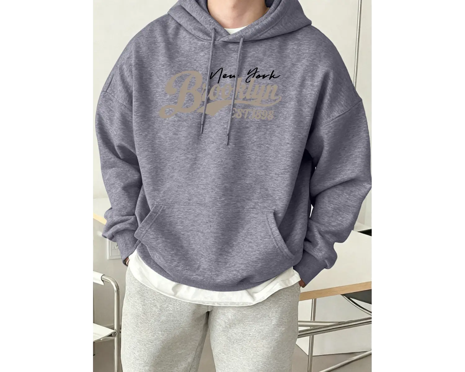 Brooklyn New York Est. 1898 Baskı Erkekler Kapşonlu Sonbahar Cep Sokak Şıklığı Gevşek Polar T