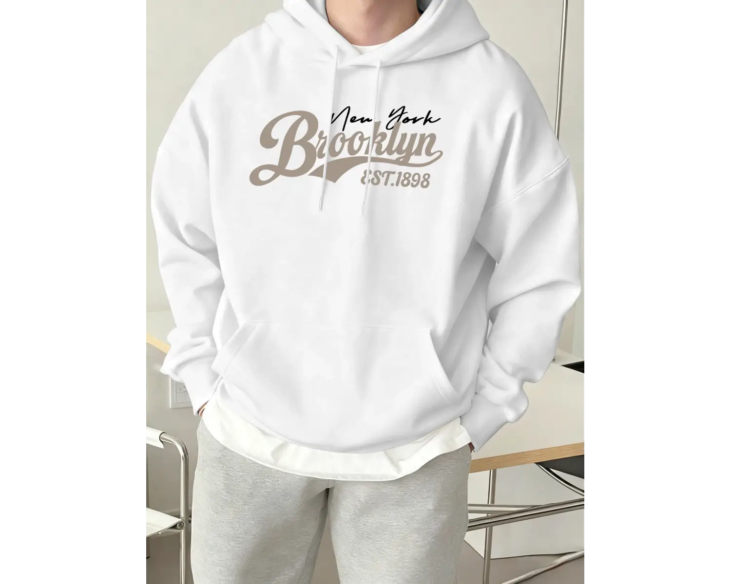 Brooklyn New York Est. 1898 Baskı Erkekler Kapşonlu Sonbahar Cep Sokak Şıklığı Gevşek Polar T