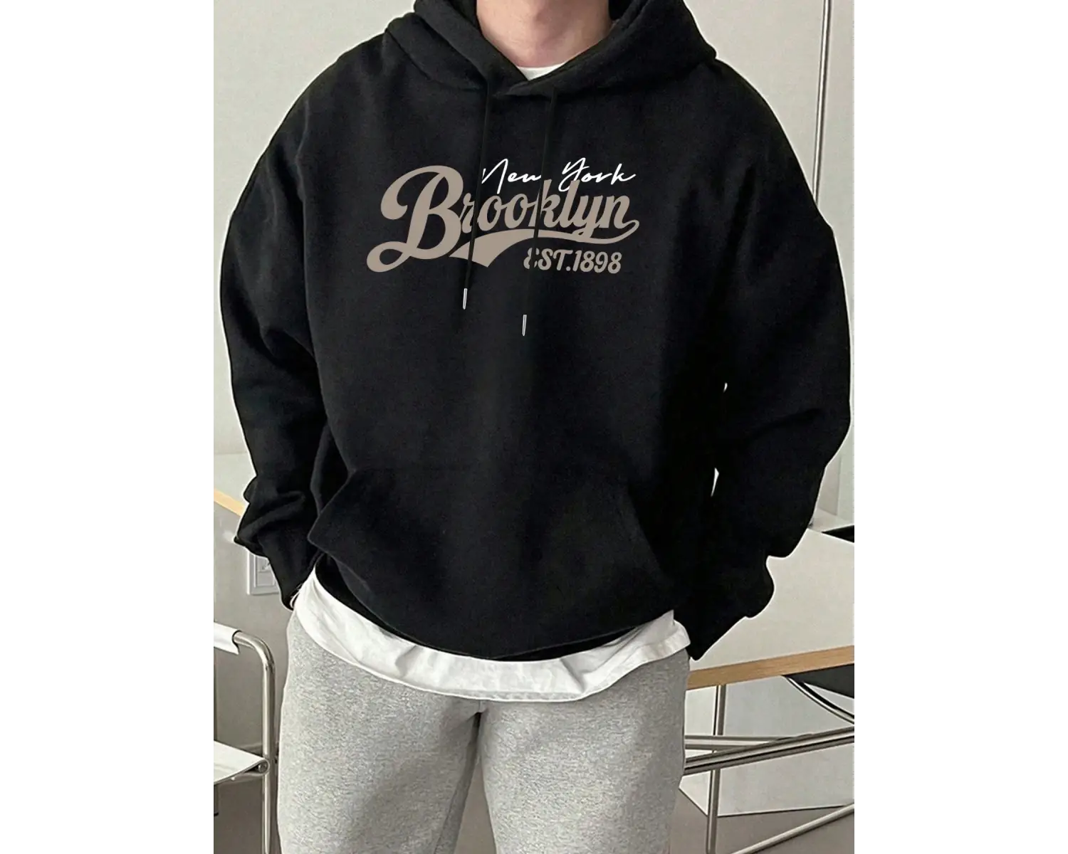 Brooklyn New York Est. 1898 Baskı Erkekler Kapşonlu Sonbahar Cep Sokak Şıklığı Gevşek Polar T