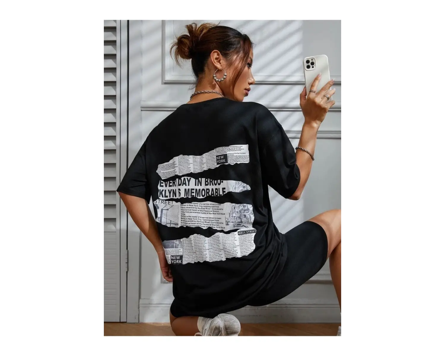 Brooklyn Slogan Baskılı Gazete Desenli Oversize