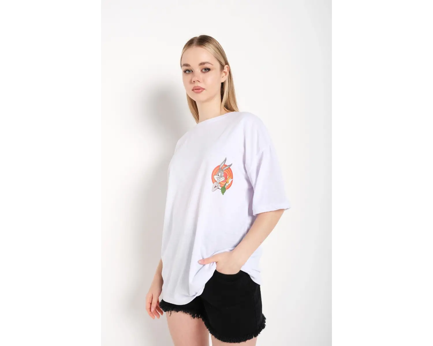 Bugs Bunny Baskılı Beyaz Oversize Tshırt