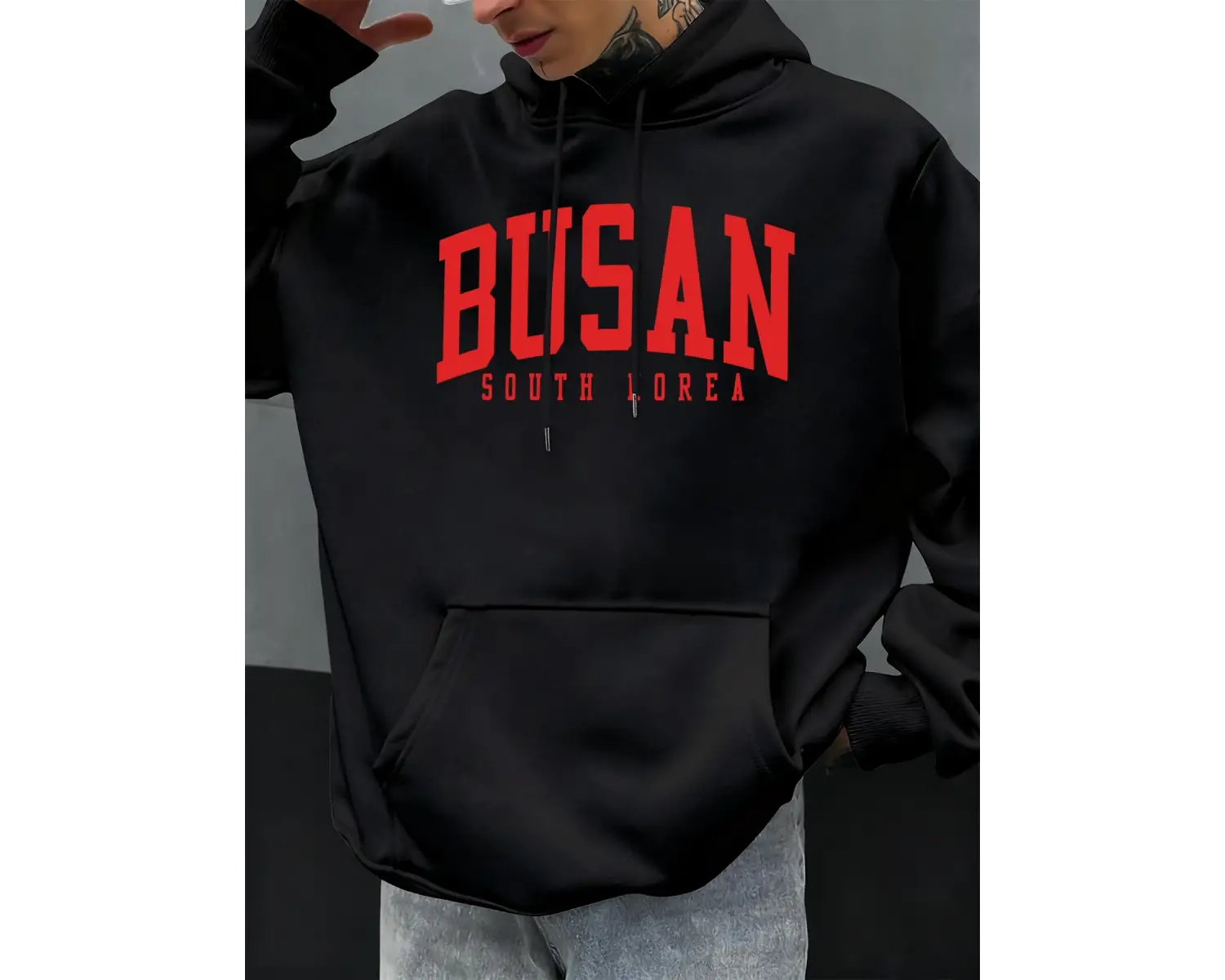 Busan Güney Kore Mektup Desen Erkekler Büyük Boy Hoodie Rahat Hoody Sonbahar Moda Streetwear