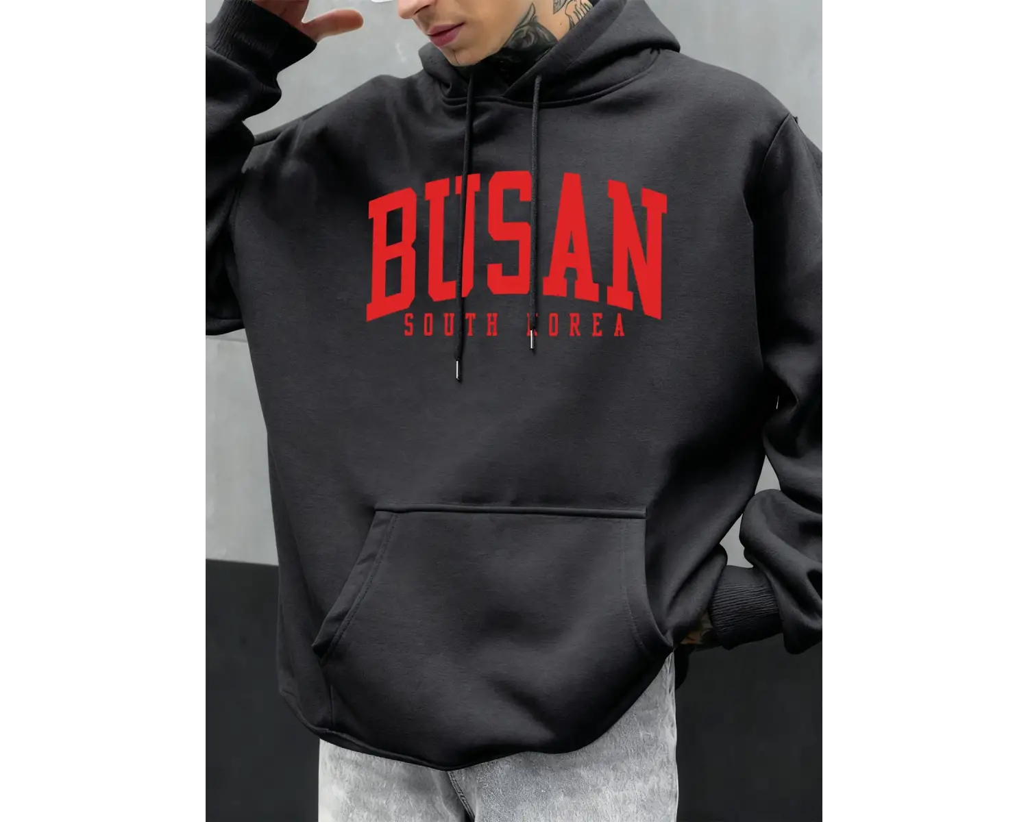 Busan Güney Kore Mektup Desen Erkekler Büyük Boy Hoodie Rahat Hoody Sonbahar Moda Streetwear