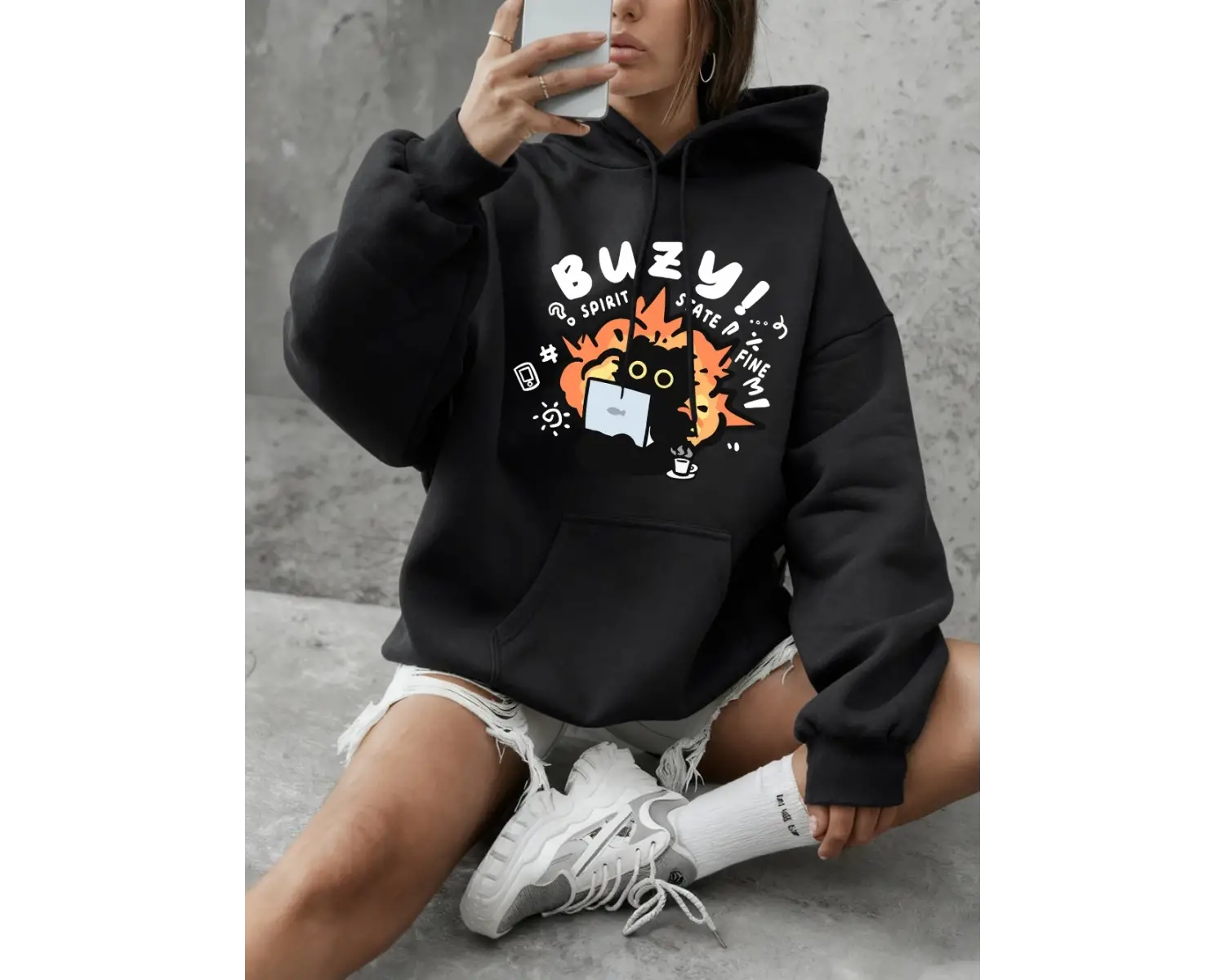Busy Spirit State Cat Baskılı Kadın Kapüşonlu Sweatshirt Günlük Bol Kesim Sweatshirt Kışlık P