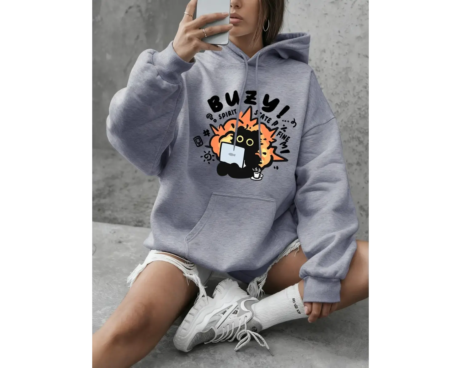 Busy Spirit State Cat Baskılı Kadın Kapüşonlu Sweatshirt Günlük Bol Kesim Sweatshirt Kışlık P