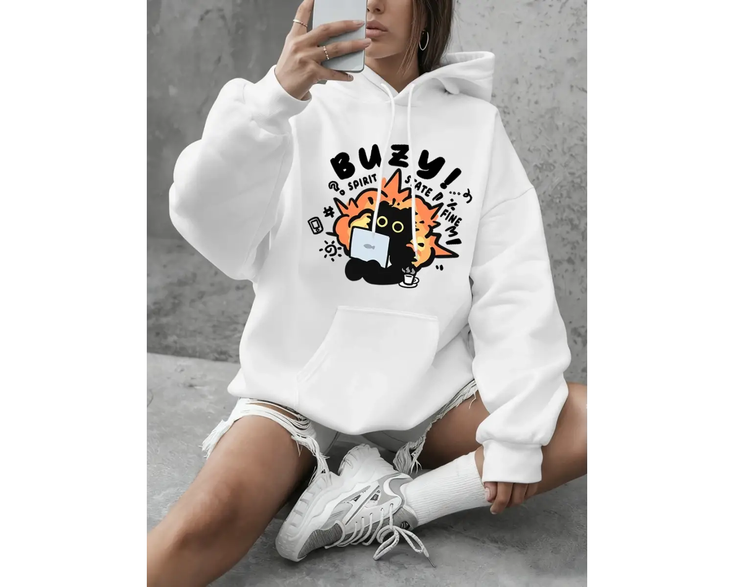 Busy Spirit State Cat Baskılı Kadın Kapüşonlu Sweatshirt Günlük Bol Kesim Sweatshirt Kışlık P