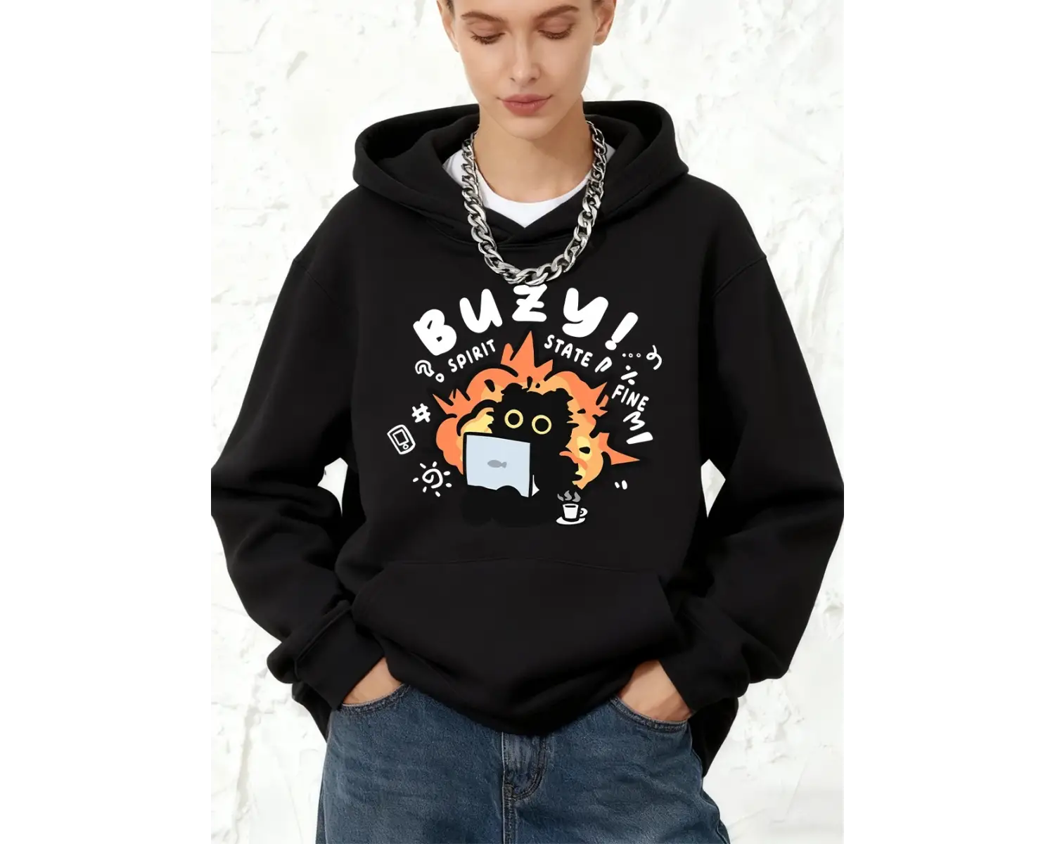 Busy Spirit State Cat Baskılı Kapüşonlu Sweatshirtler Pamuklu Kadın Sporcu Bol Kesim Kazak Kı