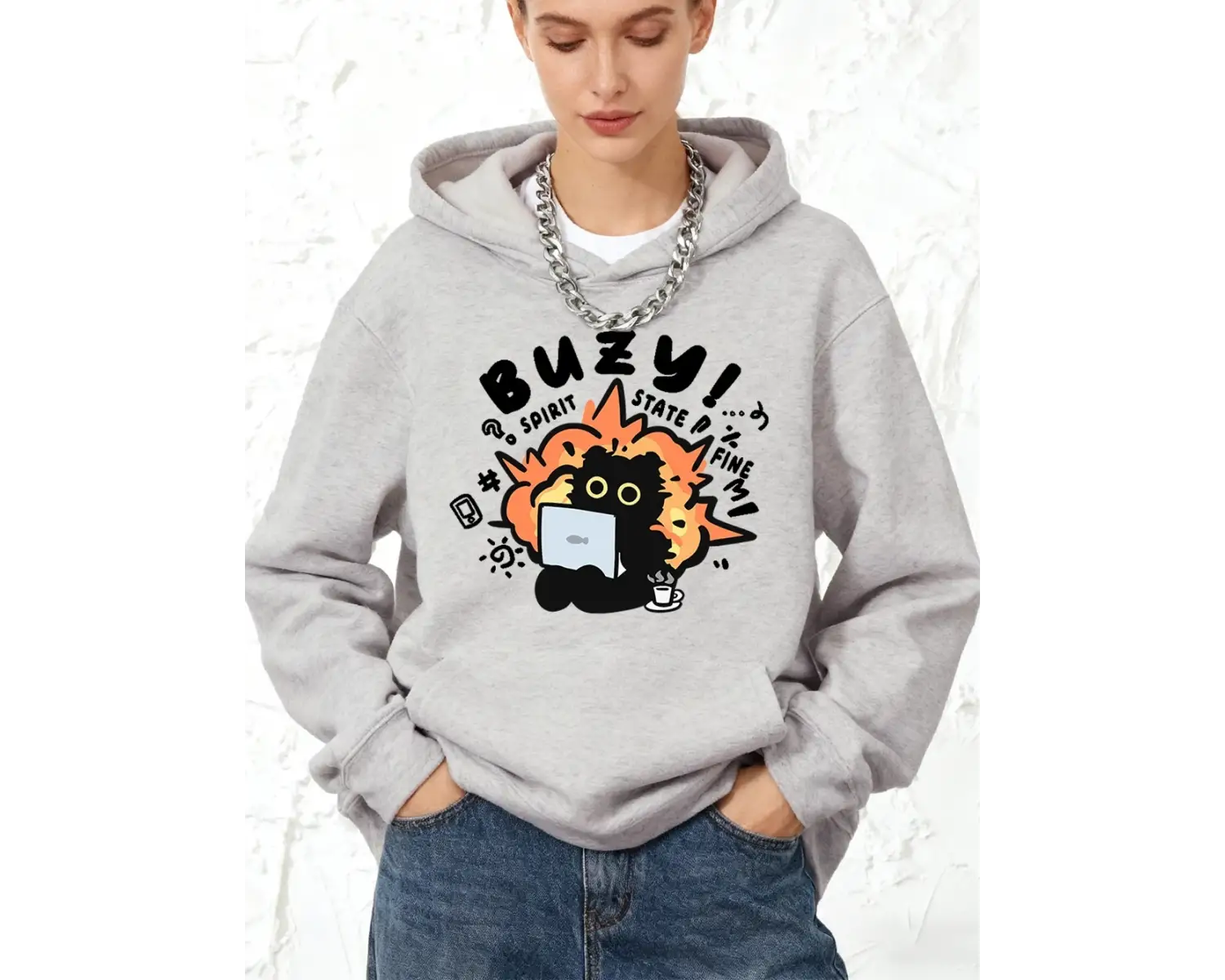 Busy Spirit State Cat Baskılı Kapüşonlu Sweatshirtler Pamuklu Kadın Sporcu Bol Kesim Kazak Kı