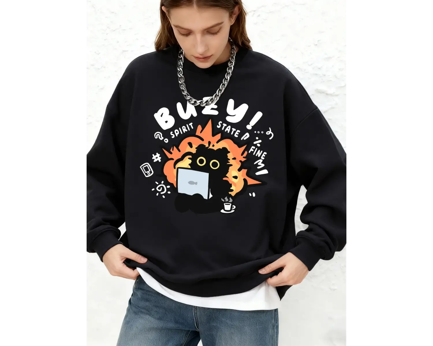 Busy Spirit State Kedi Baskılı Sweatshirt Kadın Günlük Uzun Kollu Bisiklet Yaka Kapüşonlu Son