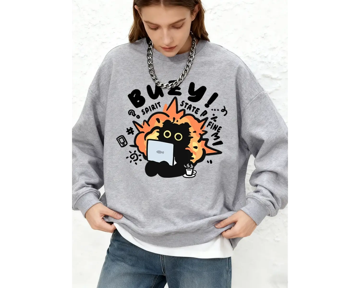 Busy Spirit State Kedi Baskılı Sweatshirt Kadın Günlük Uzun Kollu Bisiklet Yaka Kapüşonlu Son