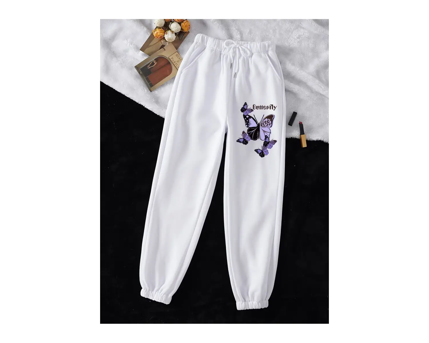 Butterfly & Letter Graphic Drawstring Waist 4 Mevsim Eşofman