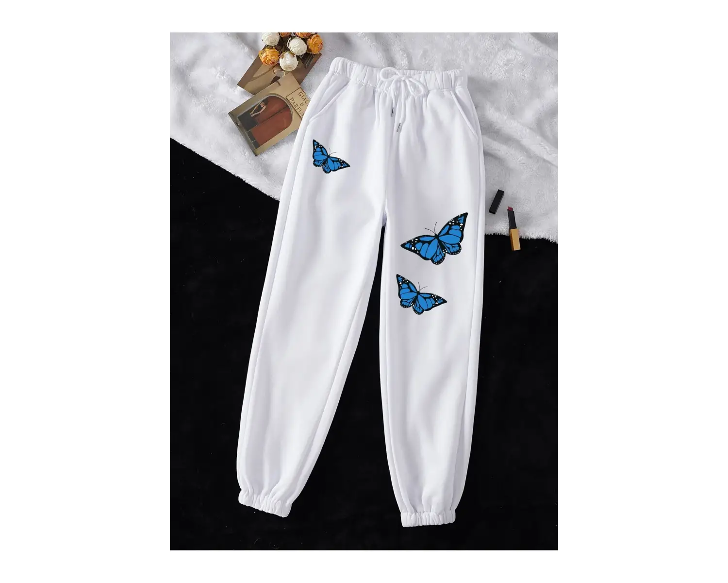 Butterfly Print Drawstring Waist 4 Mevsim Eşofman