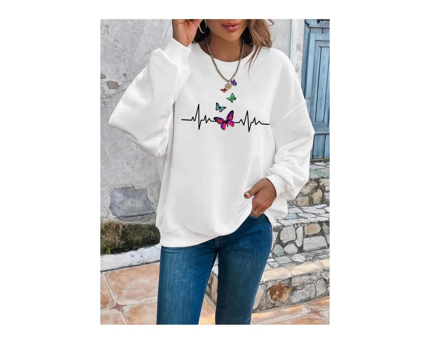 Butterfly Print Drop Shoulder Beyaz