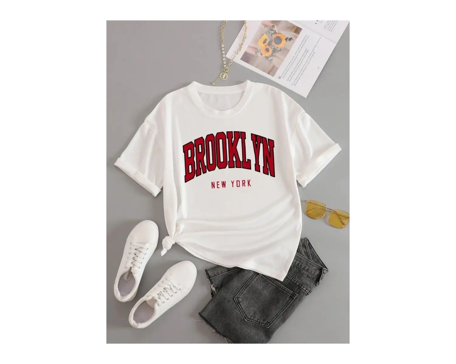 Büyük Beden Beyaz Brooklyn New York Kırmızı Baskılı Oversize Unisex Pamuklu