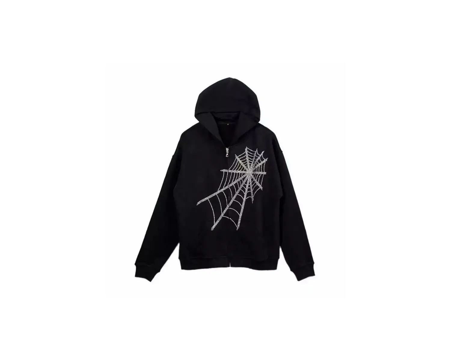 Büyük Beden Örümcek Ağı Silver Baskılı Kapüşonlu Fermuarlı Oversize Kadın Ceket-swe Siyah