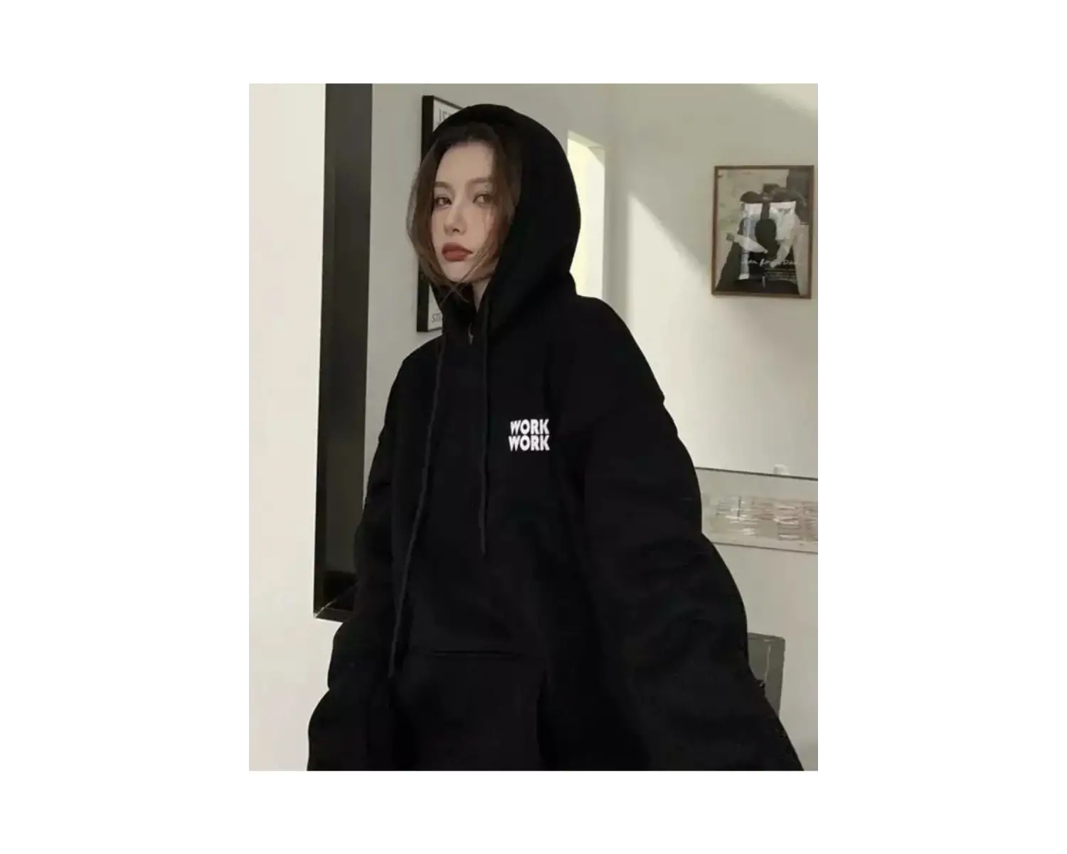 Büyük Beden Özel Tasarım Kapüşonlu Work Work Baskılı Geniş Oversize Kadın Sweatshır Siyah