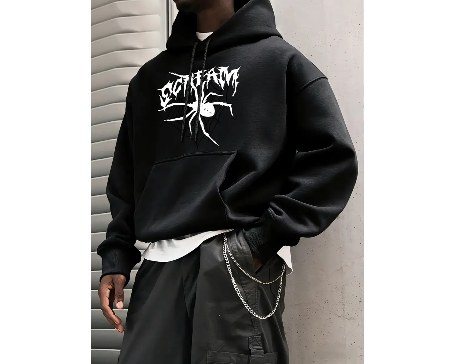 Büyük Siyah Bir Örümcek Kırmızı Örümcek Ağı Üzerinde Yatıyor Baskılı Erkek Bol Rahat Sokak Gi