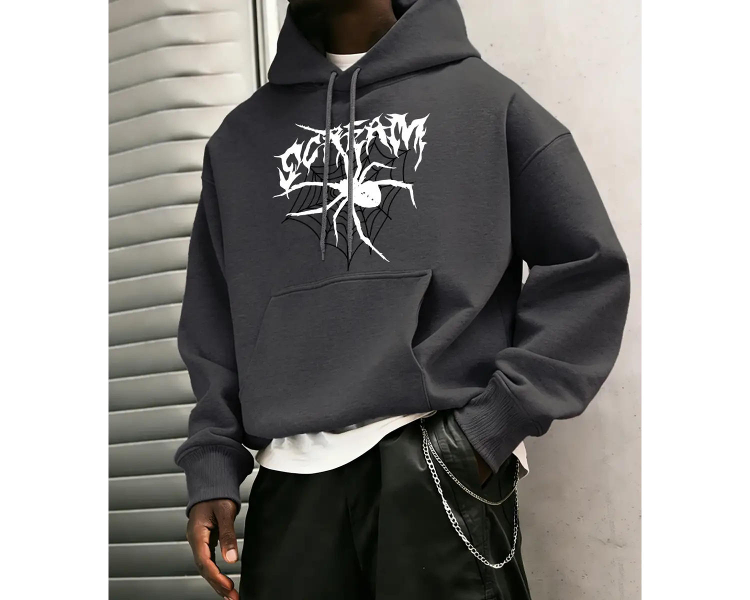 Büyük Siyah Bir Örümcek Kırmızı Örümcek Ağı Üzerinde Yatıyor Baskılı Erkek Bol Rahat Sokak Gi