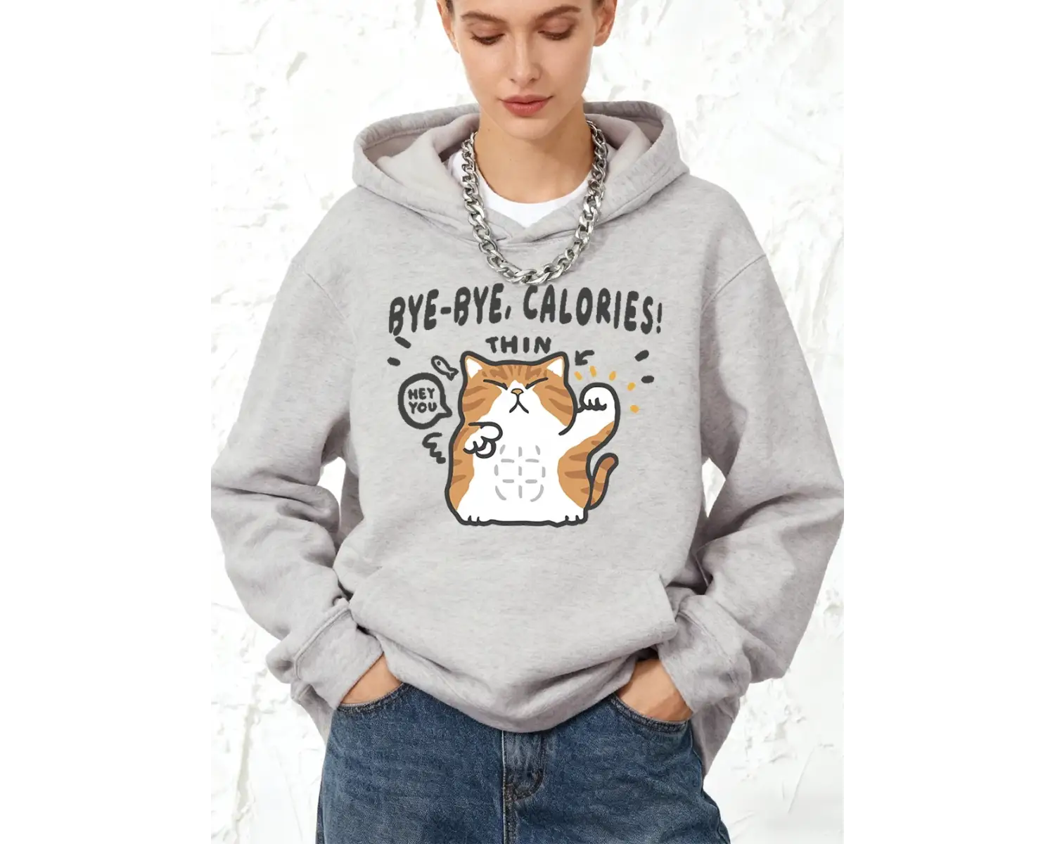 Bye-Bye Calories Kedi Baskılı Kapüşonlu Üstler Pamuklu Kadın Kışlık Polar Sıcak Kazak Jogging