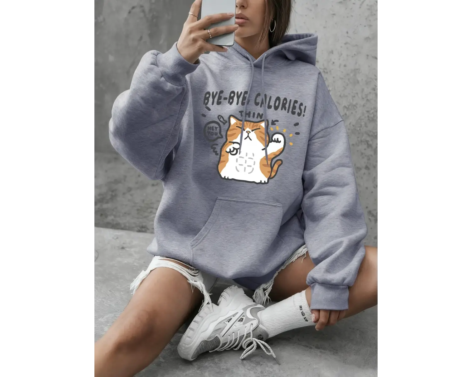 Bye Bye Calories Kedi Baskılı Tişörtü Kadın Kışlık Polar Sıcak Kapüşonlu Üstler Basit Yuvarla