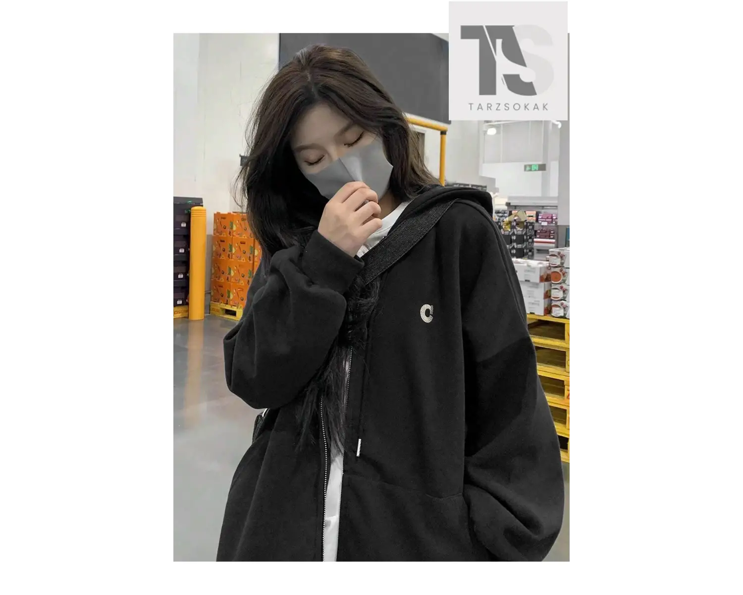 C Harfli Sweatshirt Fermuarlı Hırka Siyah