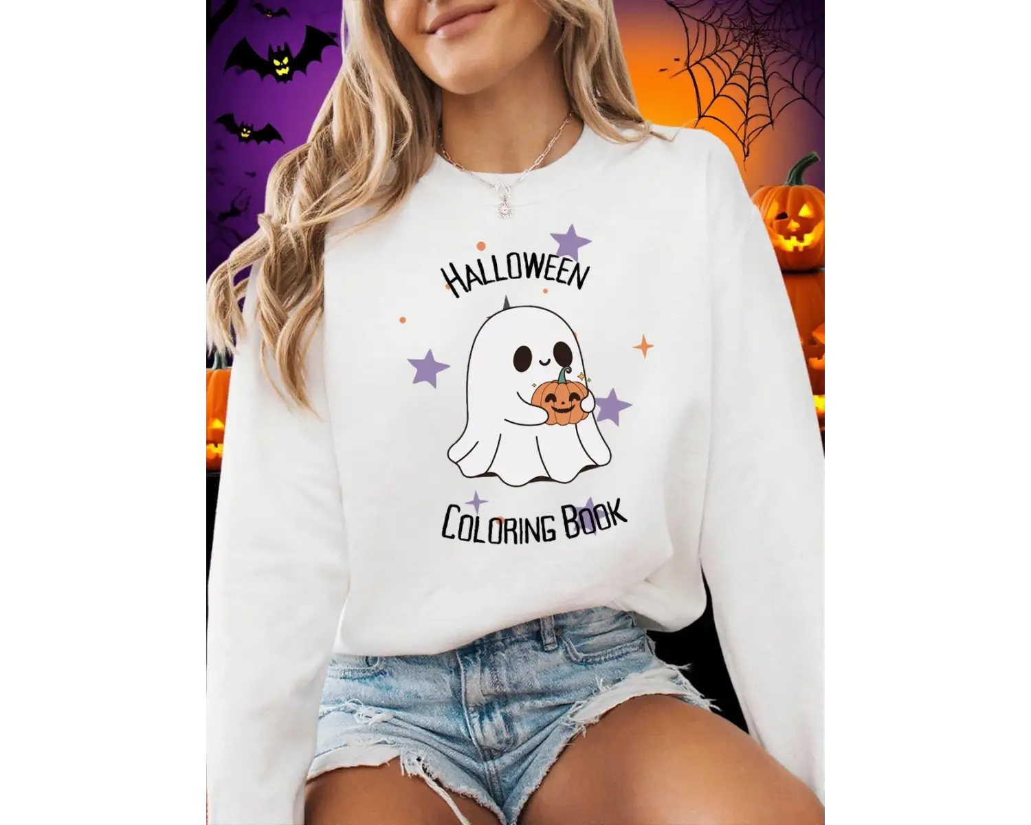 Cadılar bayramı Boyama Kitabı Baskı Tişörtü Kadın Kış Polar Sıcak Hoodie O-Boyun Gevşek Kazak