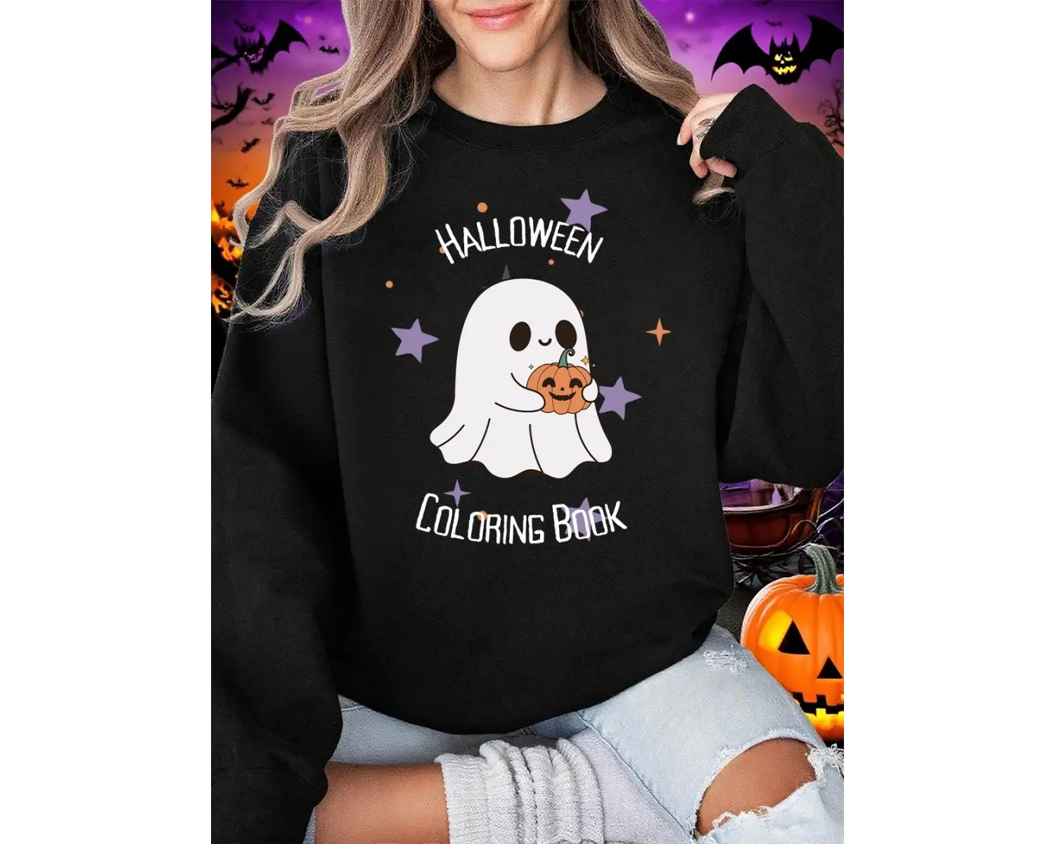 Cadılar bayramı Boyama Kitabı Baskı Tişörtü Kadın Kış Polar Sıcak Hoodie O-Boyun Gevşek Kazak