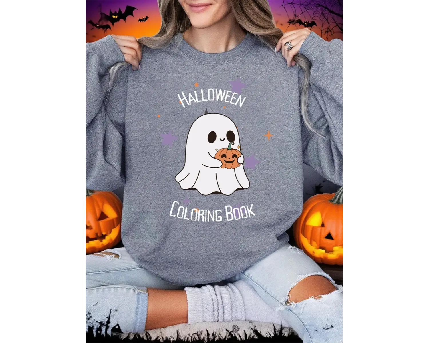 Cadılar bayramı Boyama Kitabı Baskı Tişörtü Kadın Kış Polar Sıcak Hoodie O-Boyun Gevşek Kazak