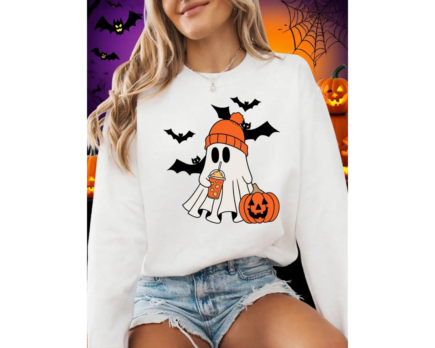 Cadılar bayramı Hayalet Yarasa Kabak Baskılar Kazak Kadın Kış Polar Sıcak Hoodie Crewneck Gev