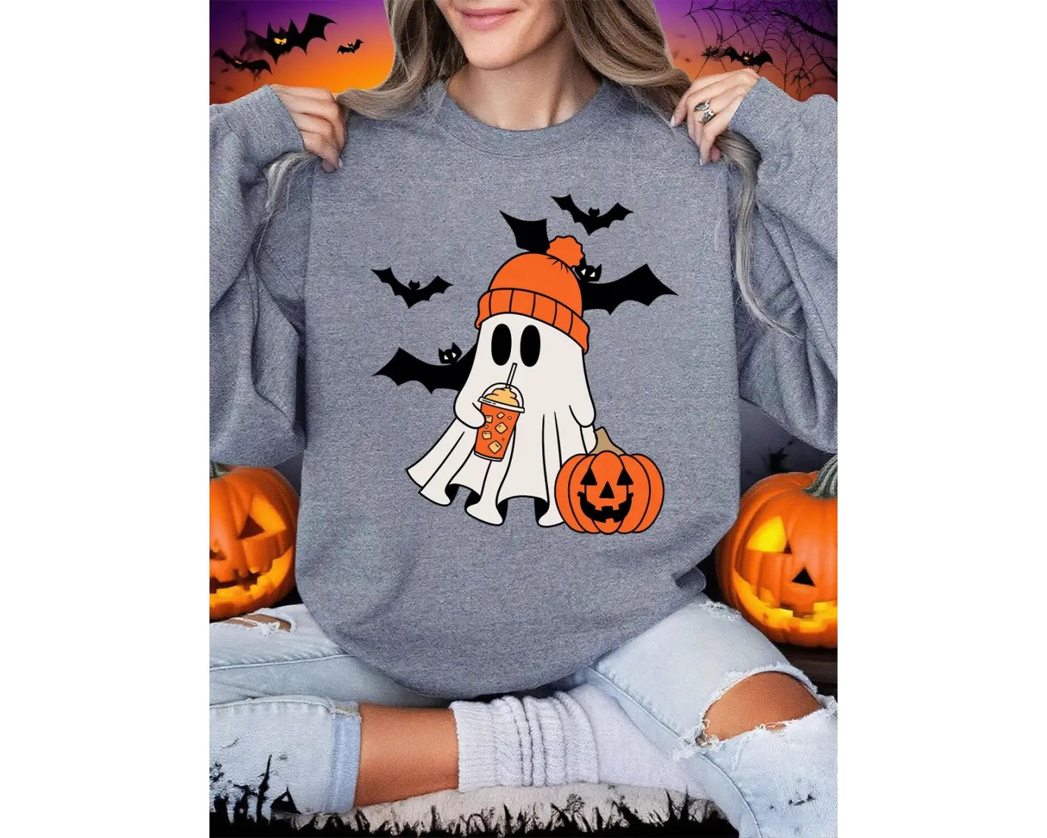 Cadılar bayramı Hayalet Yarasa Kabak Baskılar Kazak Kadın Kış Polar Sıcak Hoodie Crewneck Gev