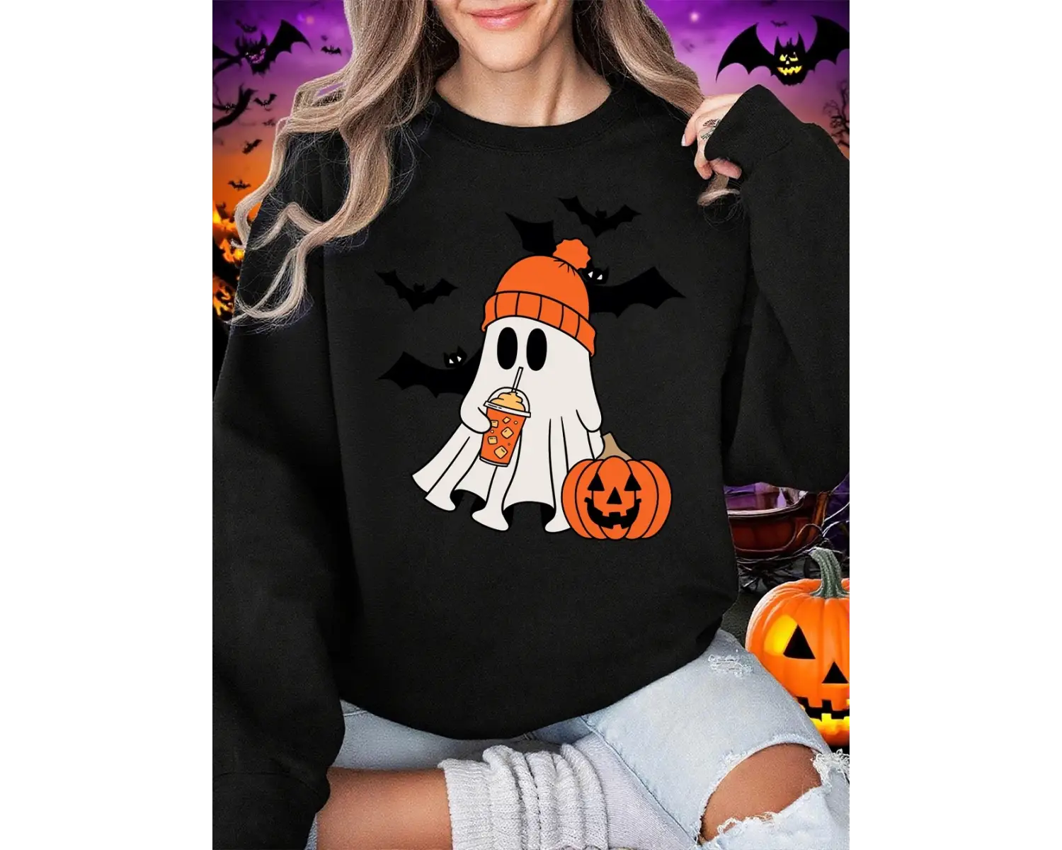 Cadılar bayramı Hayalet Yarasa Kabak Baskılar Kazak Kadın Kış Polar Sıcak Hoodie Crewneck Gev