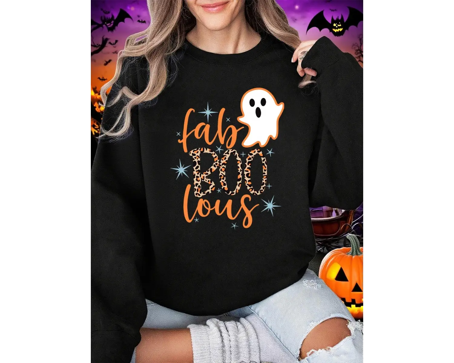 Cadılar bayramı Kaçan Küçük Hayalet Baskı Tişörtü Bayan Kış Polar Sıcak Hoodie Crewneck Gevşe