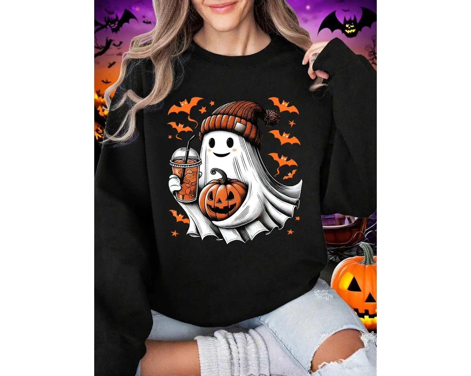 Cadılar bayramı Kazak Kadın Hayalet Yarasa Ve Kabak Baskı Hoodie Polar Sıcak Bisiklet Yaka Ge