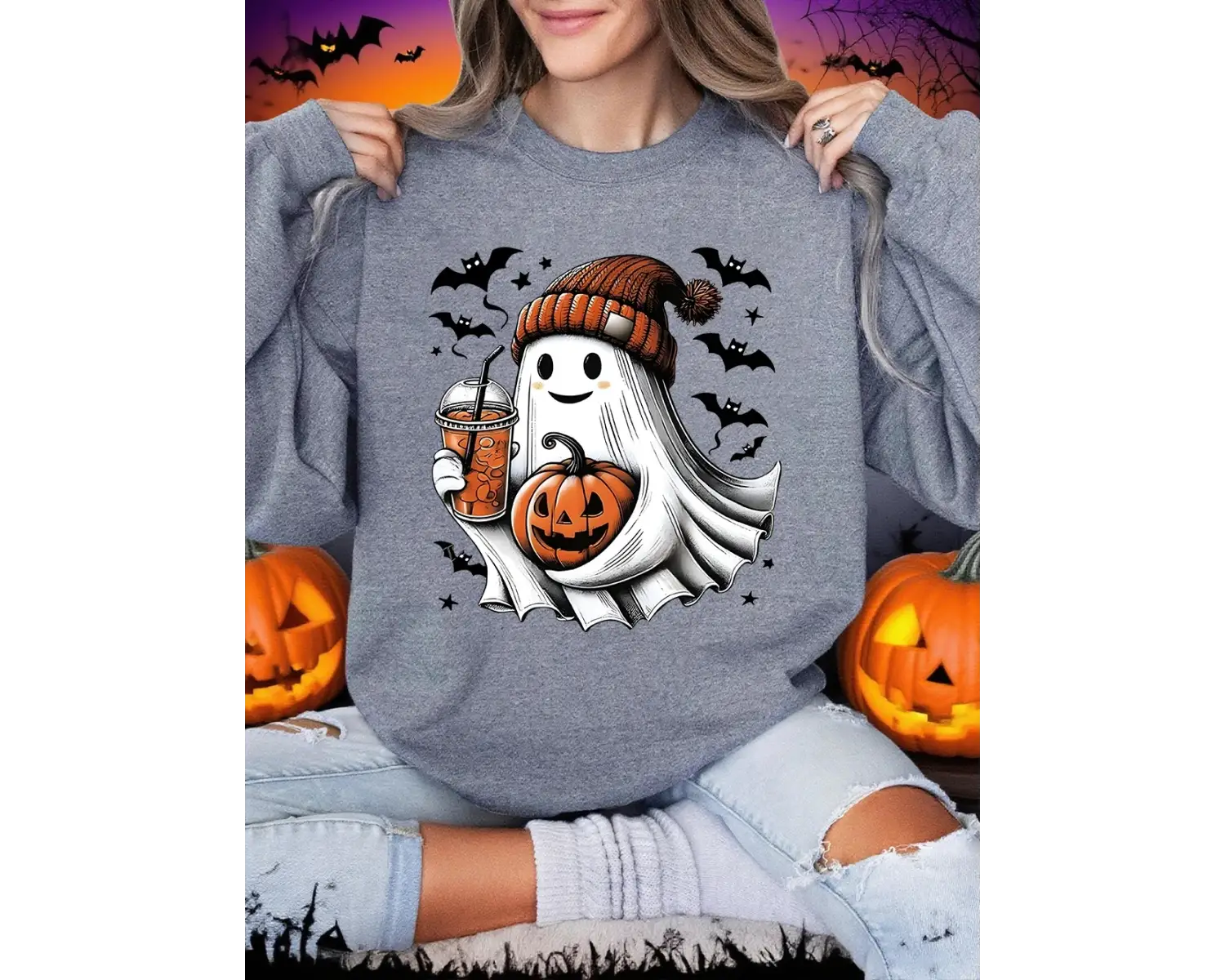 Cadılar bayramı Kazak Kadın Hayalet Yarasa Ve Kabak Baskı Hoodie Polar Sıcak Bisiklet Yaka Ge