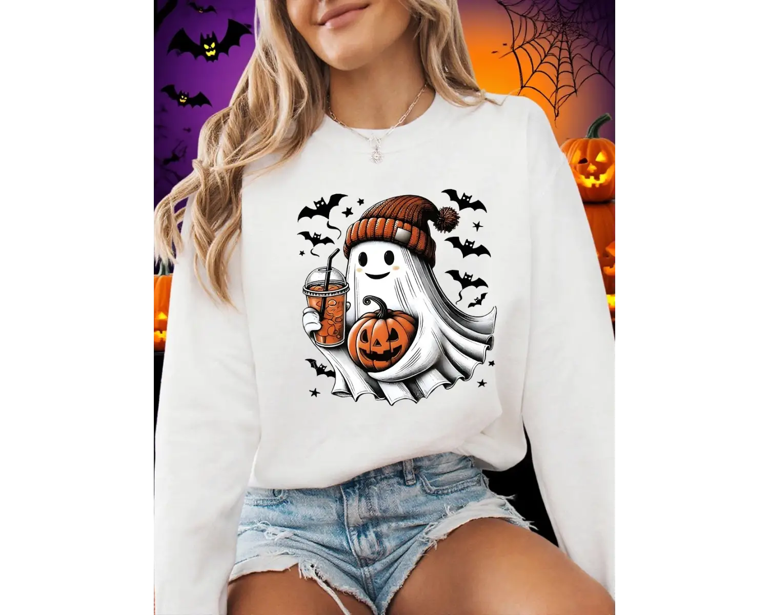 Cadılar bayramı Kazak Kadın Hayalet Yarasa Ve Kabak Baskı Hoodie Polar Sıcak Bisiklet Yaka Ge