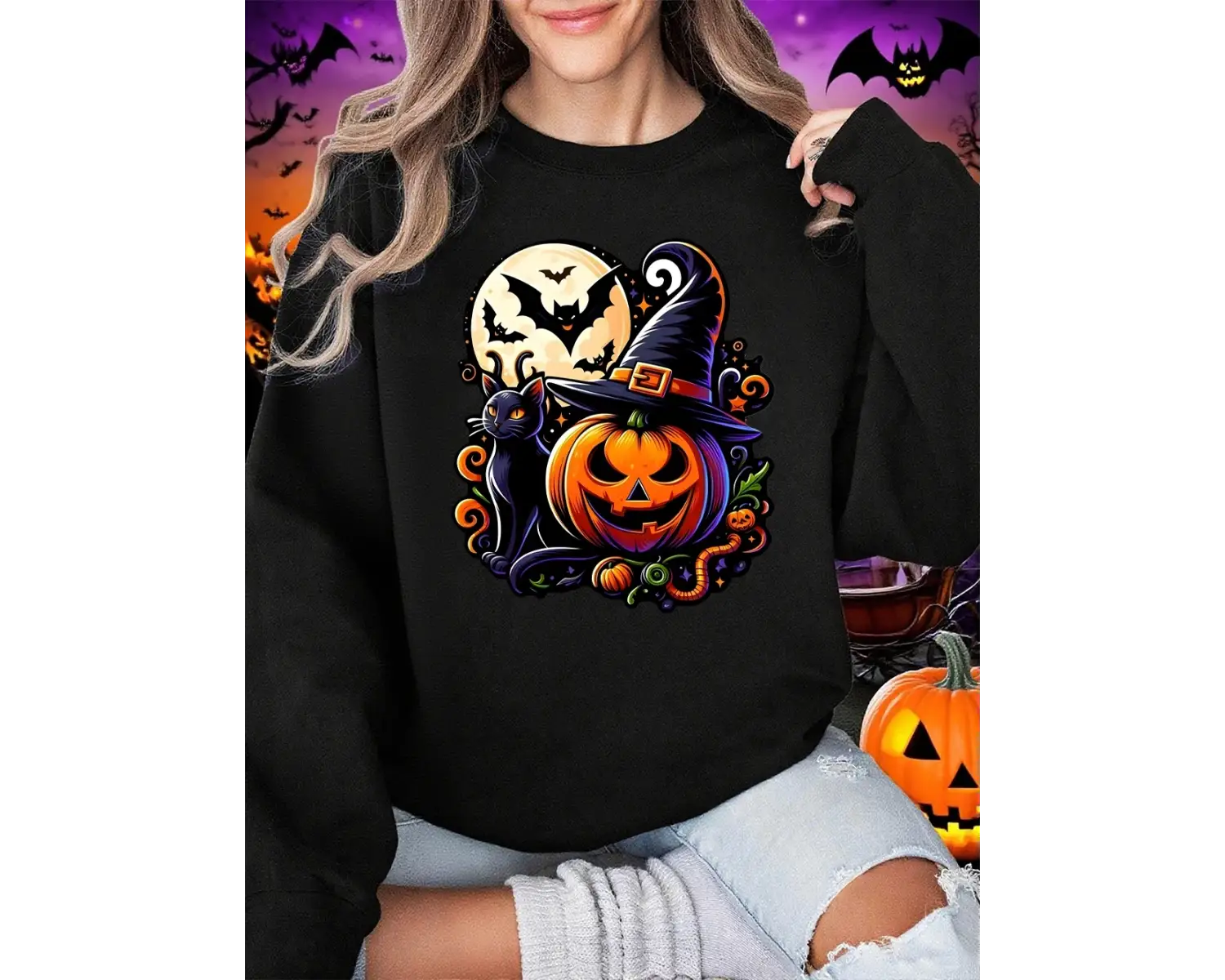 Cadılar bayramı Şapka Ve Kabak Baskılar Tişörtü Kadın Polar Sıcak Gevşek Hoodie Crewneck Teme