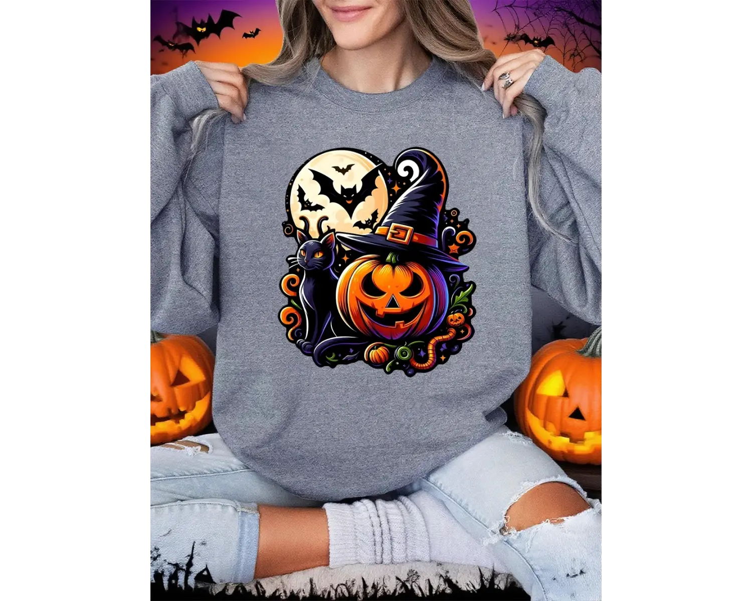 Cadılar bayramı Şapka Ve Kabak Baskılar Tişörtü Kadın Polar Sıcak Gevşek Hoodie Crewneck Teme