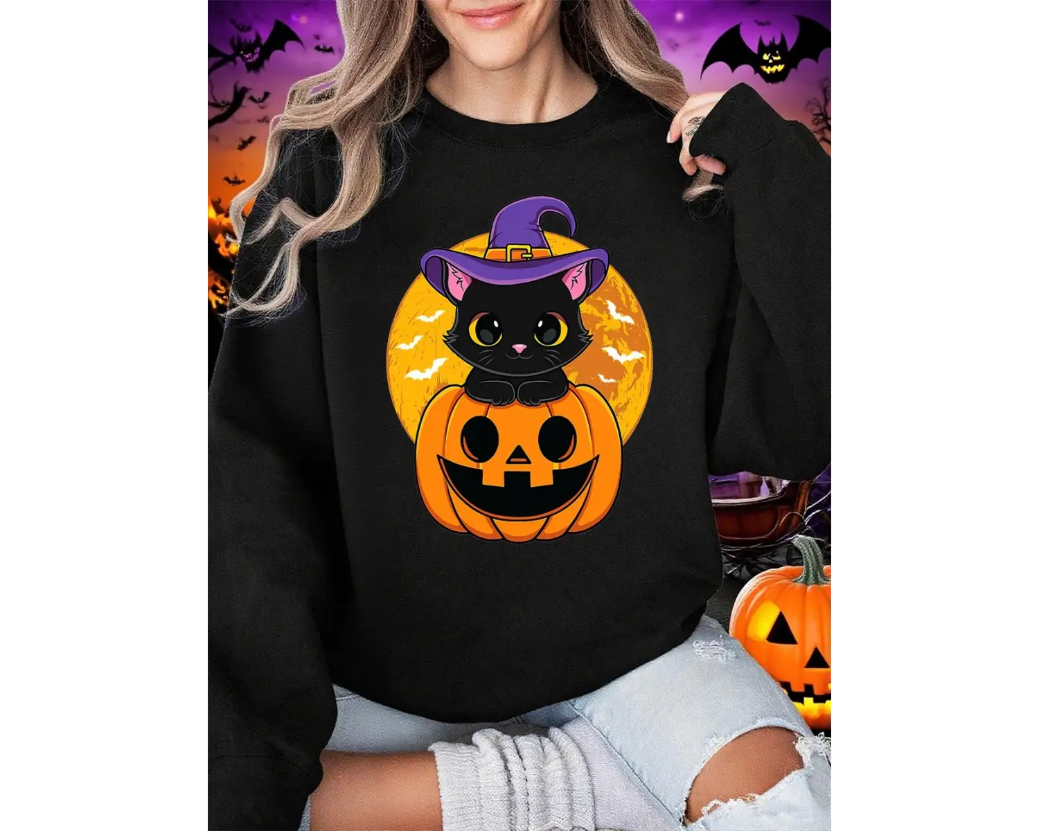 Cadılar bayramı Sevimli Yavru Kedi Ve Kabak Baskılar Tişörtü Kadın Kış Polar Sıcak Hoodie Cre