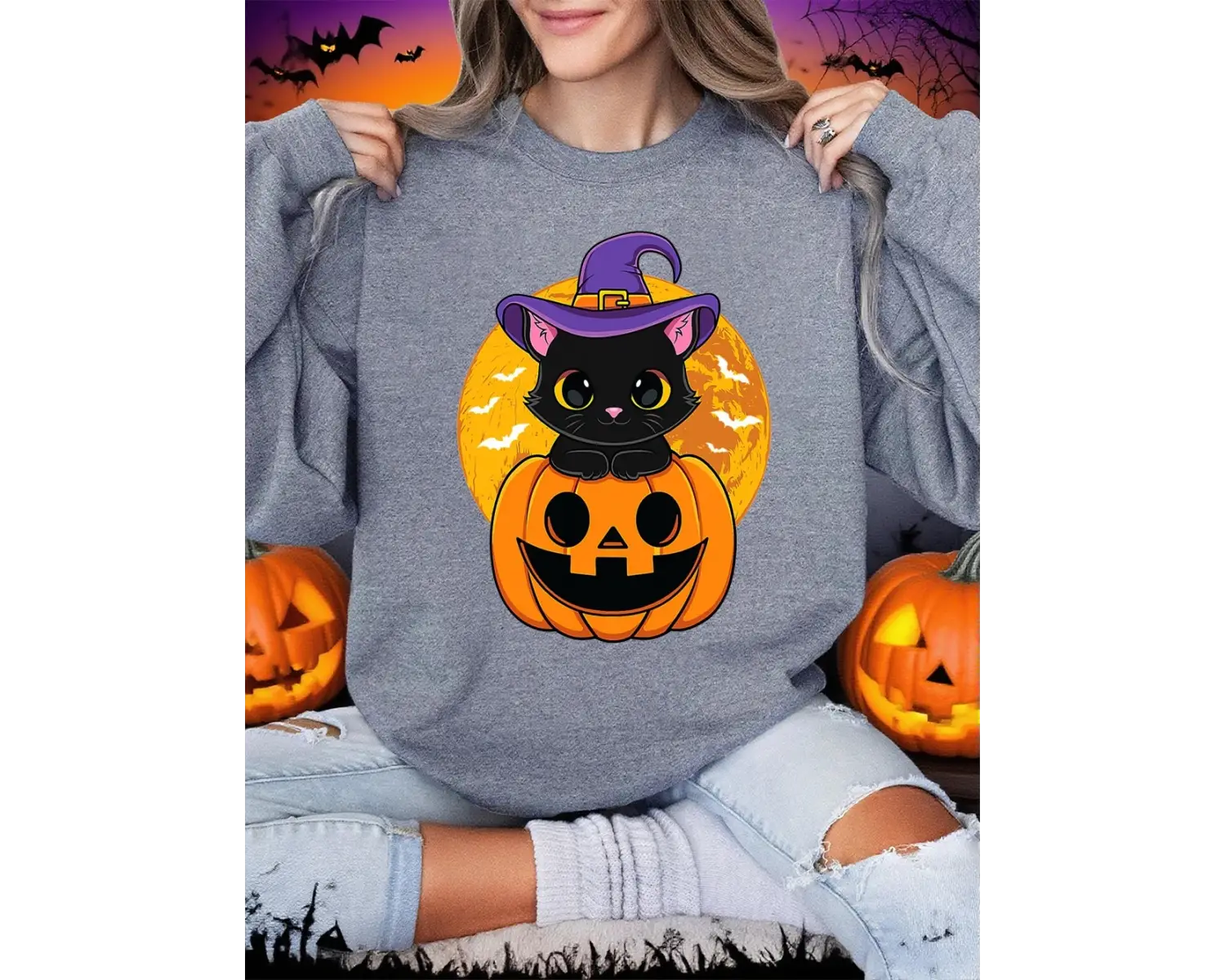 Cadılar bayramı Sevimli Yavru Kedi Ve Kabak Baskılar Tişörtü Kadın Kış Polar Sıcak Hoodie Cre