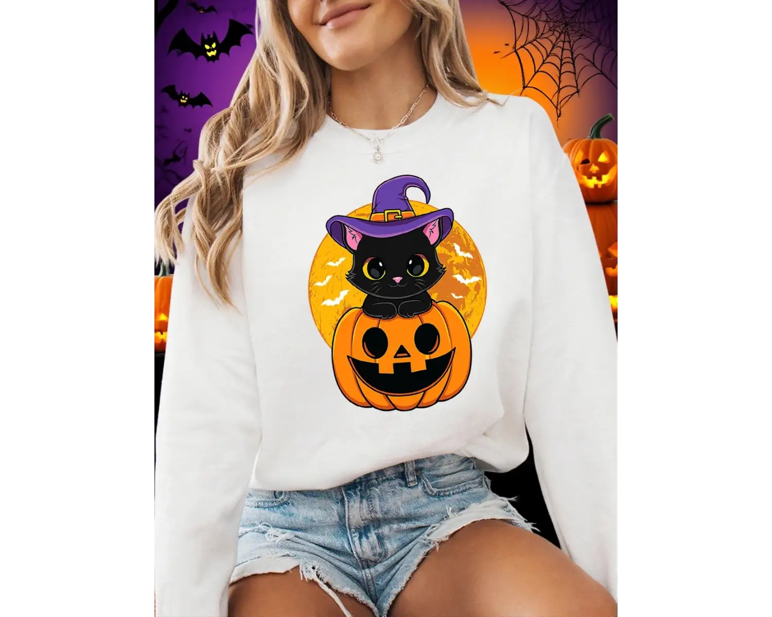 Cadılar bayramı Sevimli Yavru Kedi Ve Kabak Baskılar Tişörtü Kadın Kış Polar Sıcak Hoodie Cre