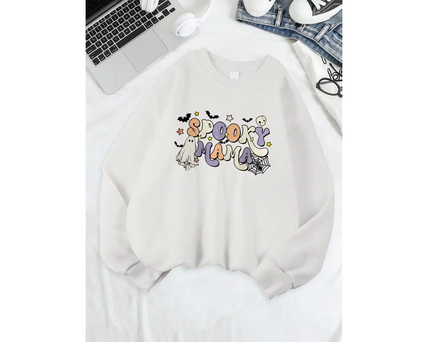 Cadılar bayramı Spooky Mama Baskı Tişörtü Bayan Polar Sıcak Gevşek Kapüşonlular Crewneck Teme