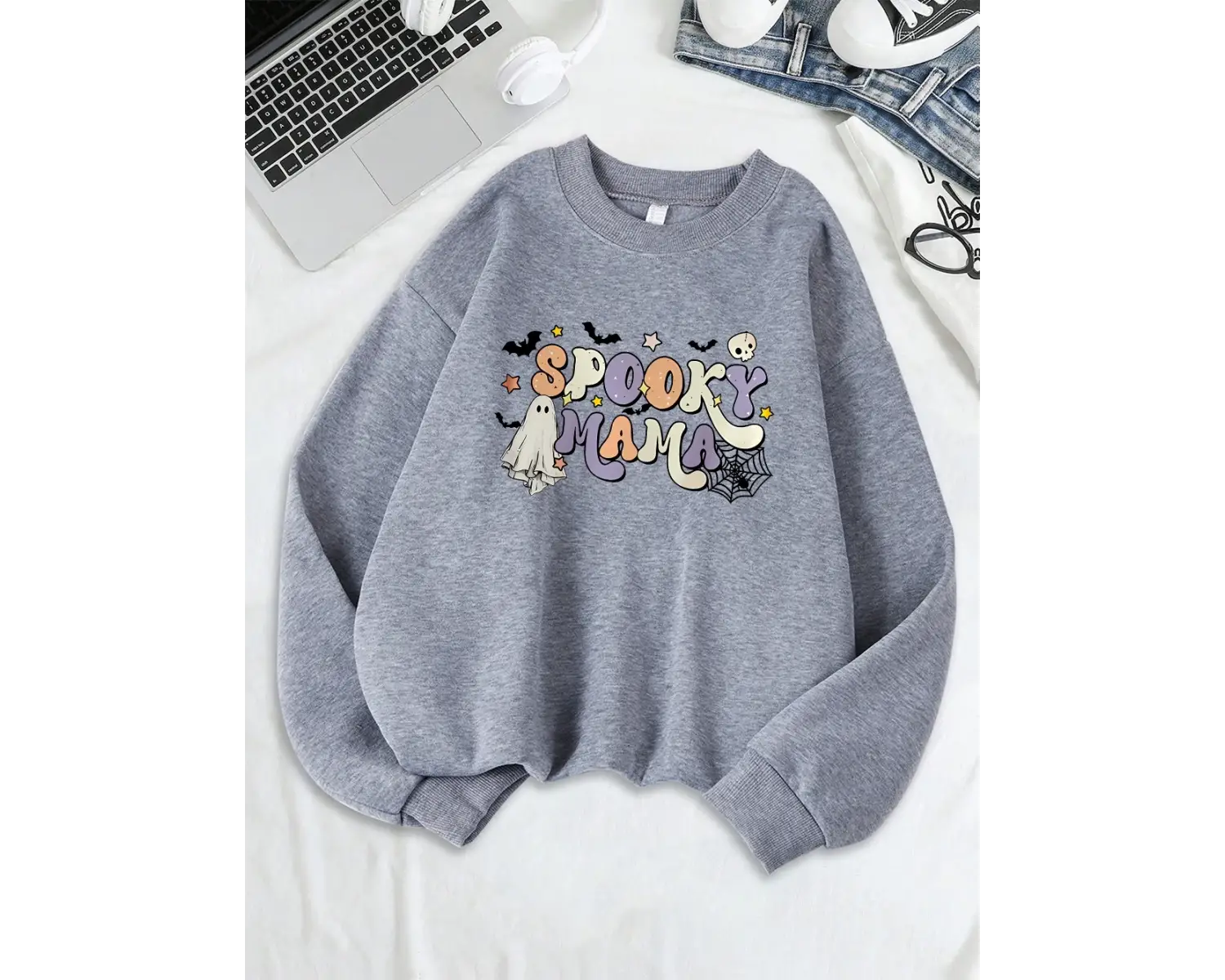 Cadılar bayramı Spooky Mama Baskı Tişörtü Bayan Polar Sıcak Gevşek Kapüşonlular Crewneck Teme