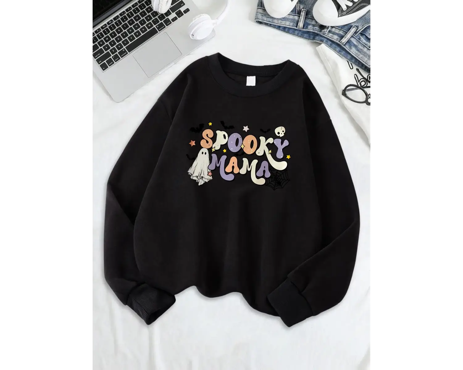 Cadılar bayramı Spooky Mama Baskı Tişörtü Bayan Polar Sıcak Gevşek Kapüşonlular Crewneck Teme