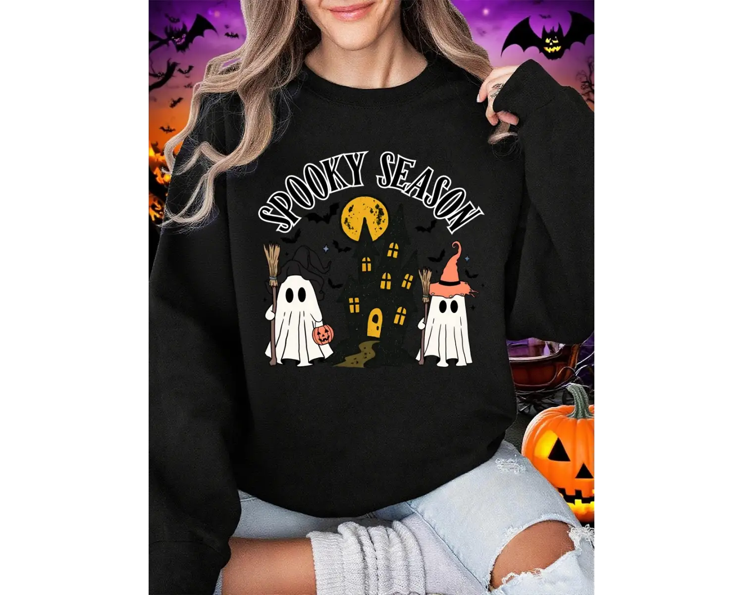 Cadılar bayramı Spooky Sezon Baskı Tişörtü Bayan Polar Sıcak Rahat Kapüşonlular Crewneck Gevş