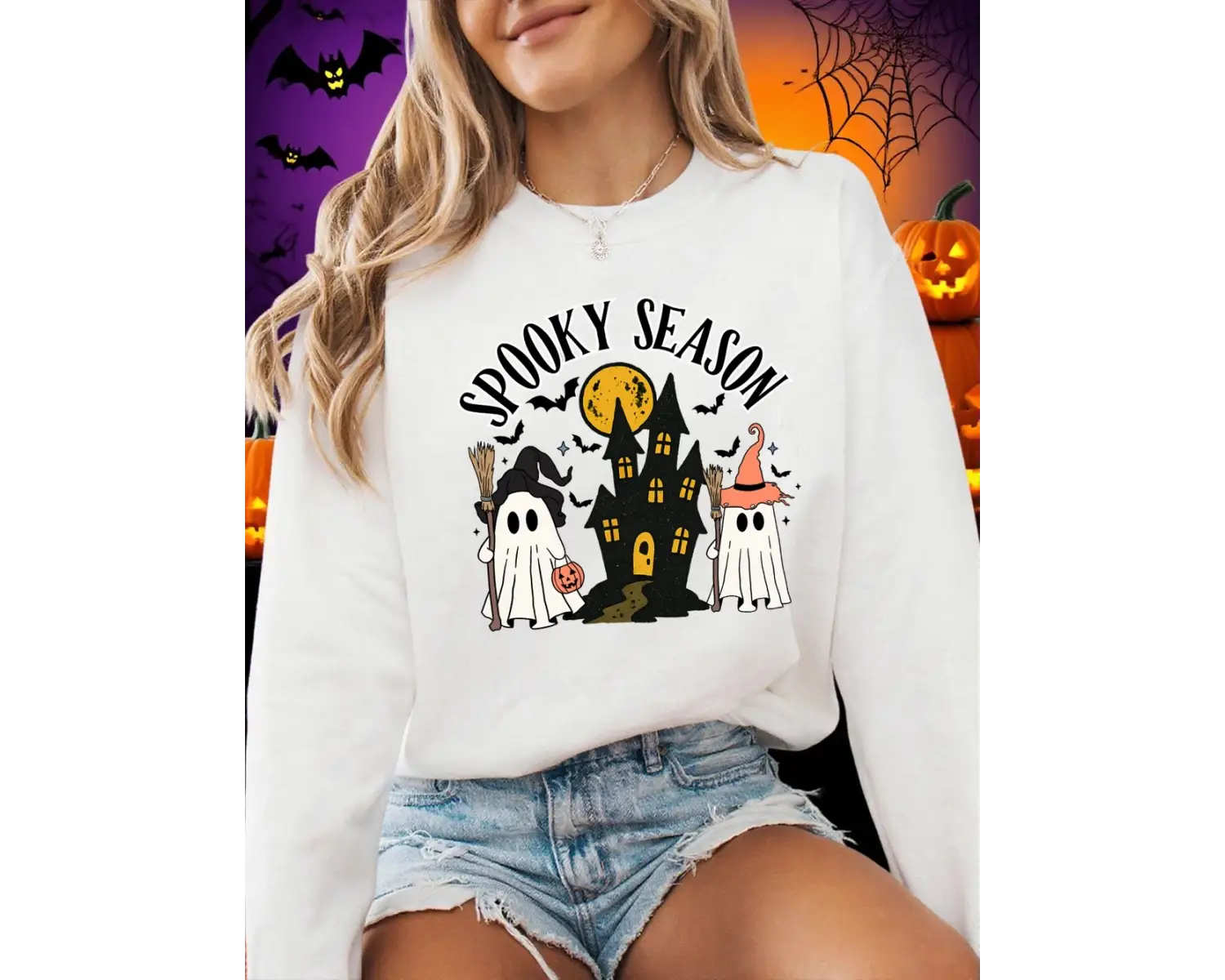 Cadılar bayramı Spooky Sezon Baskı Tişörtü Bayan Polar Sıcak Rahat Kapüşonlular Crewneck Gevş